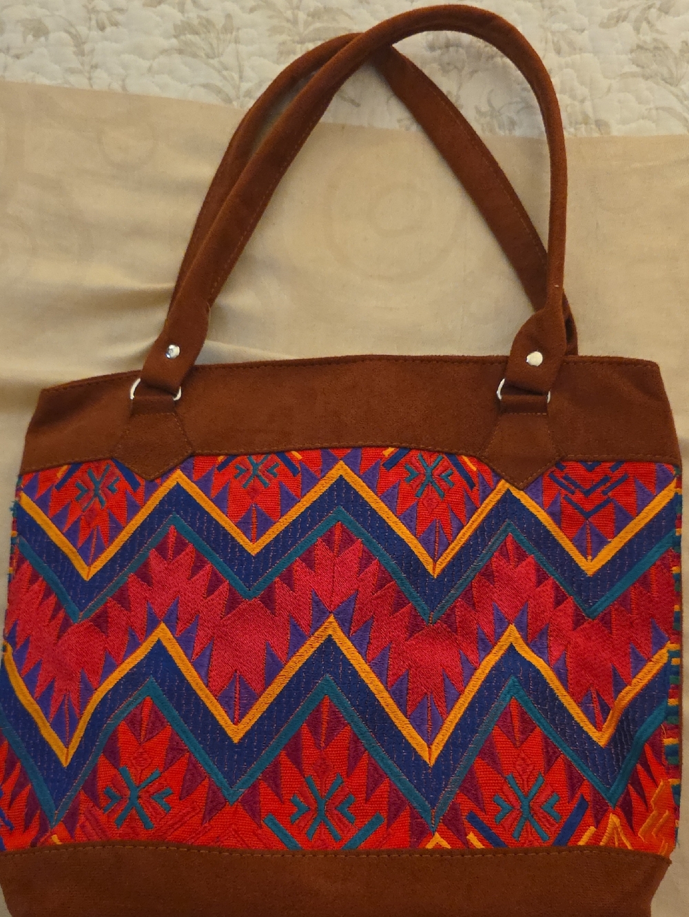 Brown Suede Tote with Red Tribal Embroidery